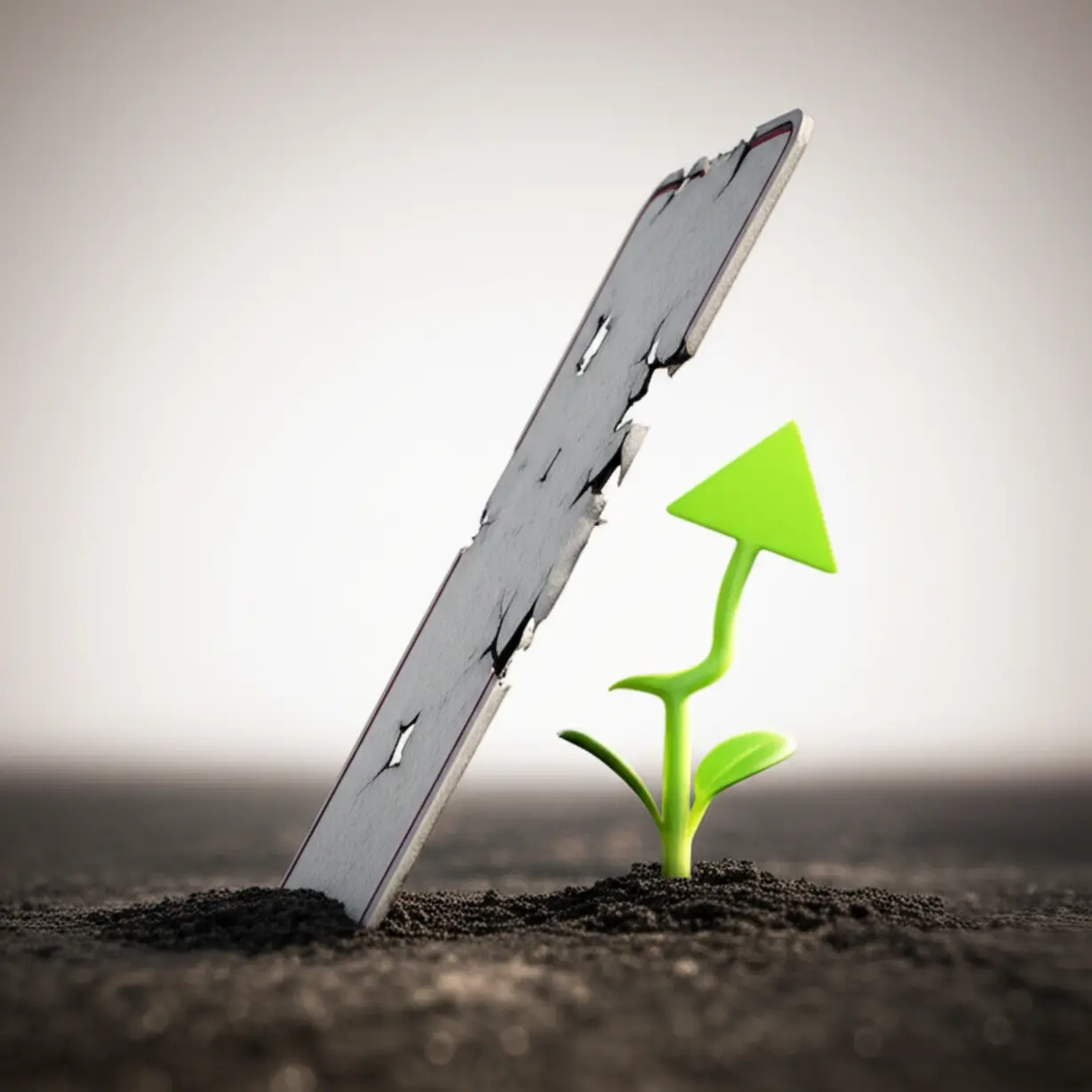 A-3D-image-of-an-old,-worn-out-road-sign-being-pushed-up-and-dissolved-by-a-new,-bright-green-sprout-with-an-upward-arrow.-Symbolizes-