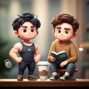 A-3D-illustration-of-two-male-characters,-one-embodying-directness-and-strength-(Tet-o-nam)-and-the-other-embodying-warmth-and-empathy-(E-gen-nam),-interacting-harmoniously-in-a-modern-setting.