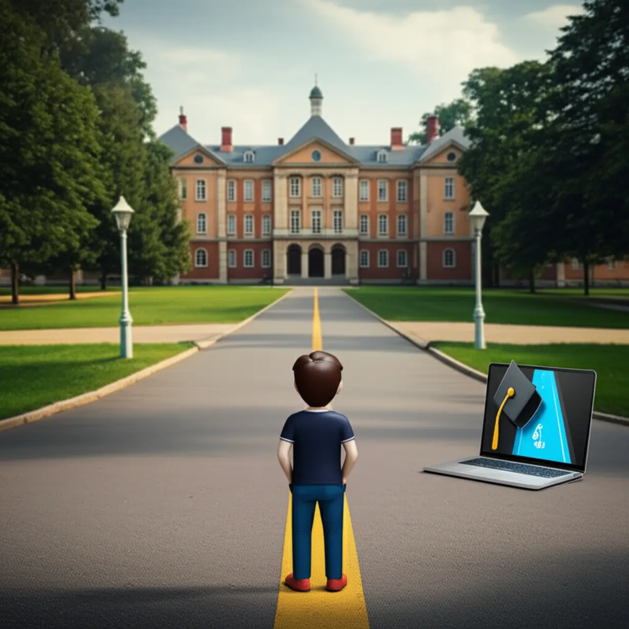 길-갈림길에-서서-전통적인-대학-건물-대신-밝은-디지털-길과-노트북을-바라보는-사람