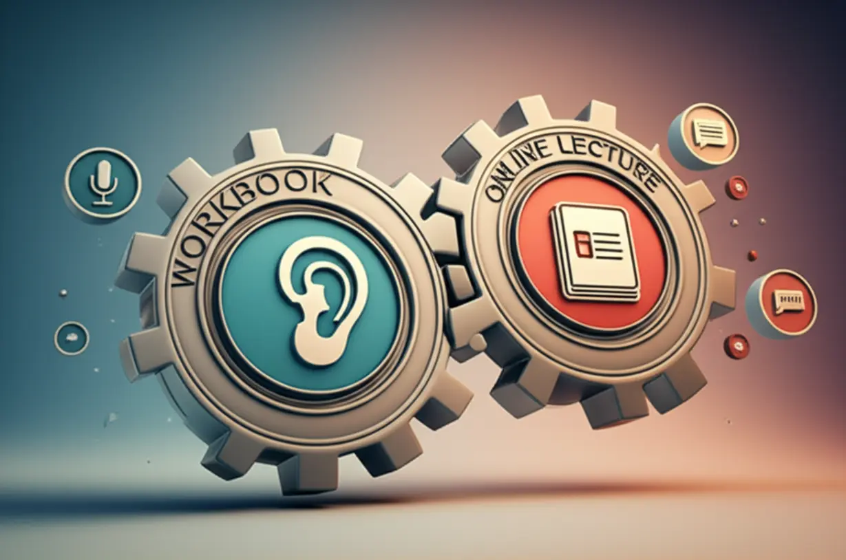 A-3D-illustration-of-two-gears,-one-representing-workbooks-and-the-other-online-lectures,-interlocked-and-surrounded-by-learning-icons,-symbolizing-their-synergistic-effect-in-English-education.